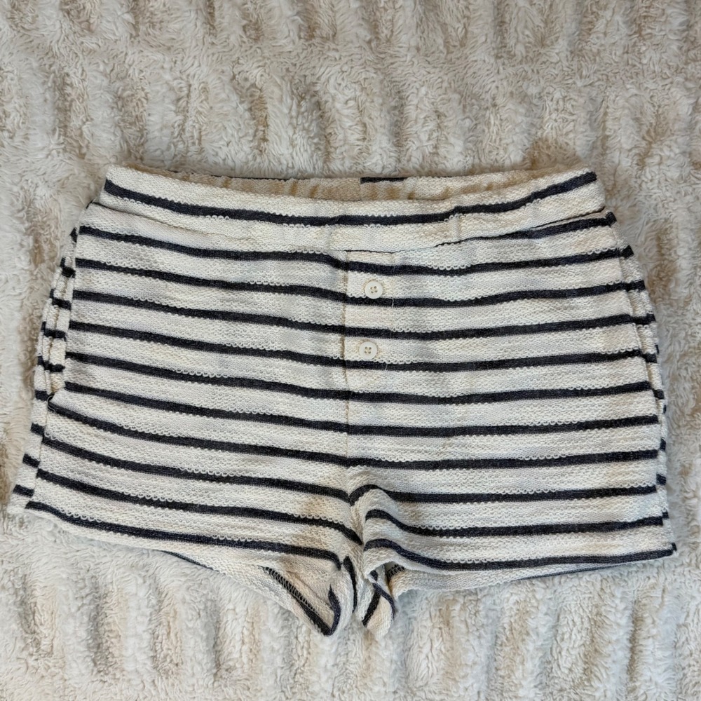 Edikted Striped Knit Lounge Shorts Cream Navy Blue Faux Button Fly XS